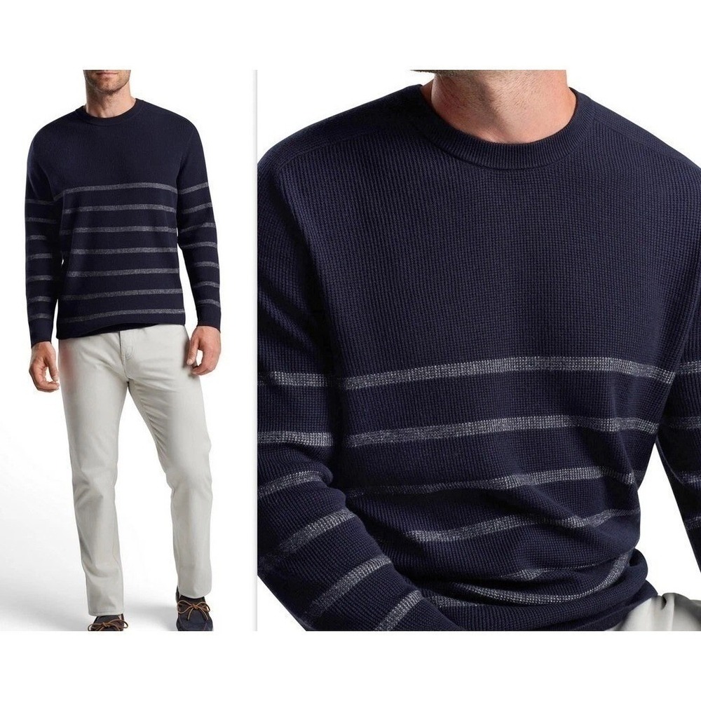 Merino Wool Peter Millar Men's Navy Striped Pima Cotton Crewneck Sweater XXL NWT